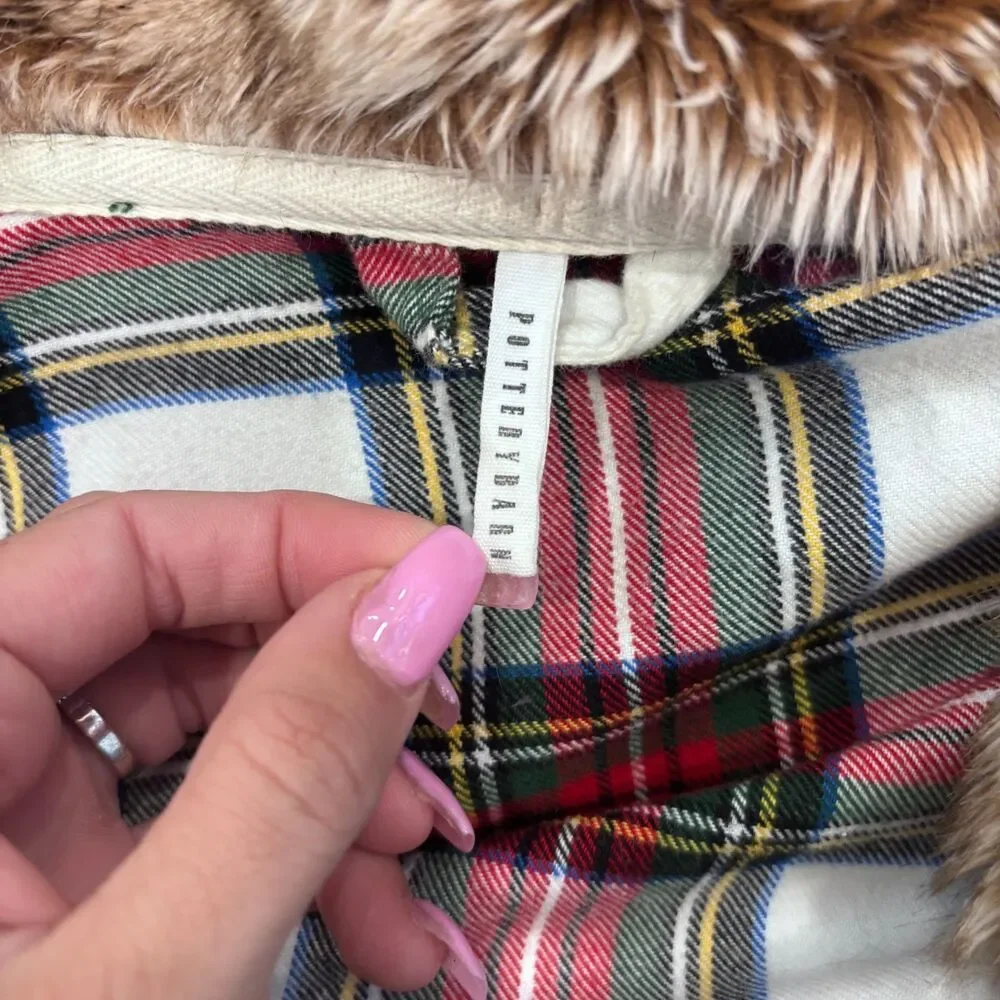 Pottery Barn Stewart Plaid Flannel Faux Fur Robe with Belt Size Large Unisex - Picture 3 of 7